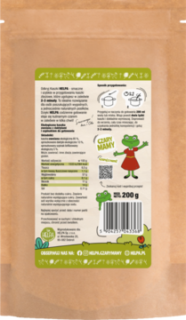 Tył brązowego opakowania Bio Kaszki owsianej Helpa Czary Mamy, ze składem, instrukcją i grafiką żaby.