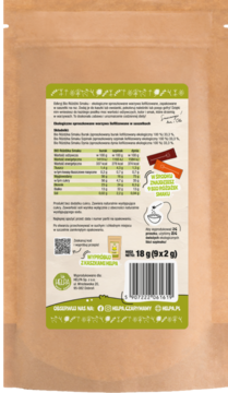 Tył opakowania Helpa Bio Warzywne Różdżki Smaku, zielona etykieta z opisem liofilizowanych warzyw w proszku i kodem.