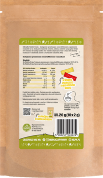 Tył brązowej torebki Bio Różdżki Smaku Truskawka Banan Helpa z danymi odżywczymi i kodem QR.