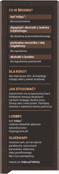 Pionowy panel z informacjami o kremie Tołpa Men Anti Age & Skin Barrier: składniki, użycie i zalety dla mężczyzn 40+. Ciemne tło.