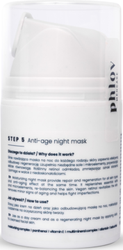Biała butelka Phlov Anti-age night mask z przezroczystym wieczkiem, widok z boku, etykieta z opisem i instrukcją.