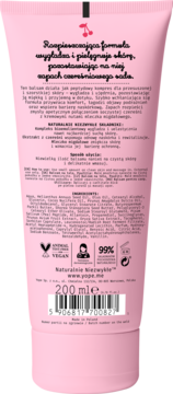 Tył różowej tubki balsamu Pope.me o zapachu czereśni, 200ml, z polskimi składnikami i certyfikatem wegan.