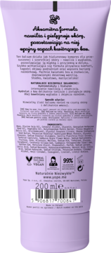 Tył lawendowej tuby balsamu Pdp.me 200ml z aksamitną formułą o zapachu bzu, loga Vegan i 99% naturalności.