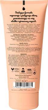 Tył brzoskwiniowego balsamu do ciała Pope.me 200ml, z polskim opisem regeneracji i słodkim zapachem.