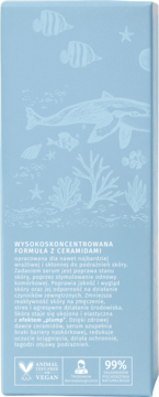 Tył jasnoniebieskiego serum Yope Waterfully z ceramidami, morskimi ilustracjami. Wegańska, 99% naturalnych składników.