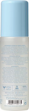 Yope Waterfully tonik-esencja, tył białej butelki z błękitną nakrętką, widoczny skład i logo 99% naturalnych.