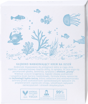 Tył białego opakowania kremu na dzień Yope Waterfully, z morskim wzorem i certyfikatami, 99% natury.