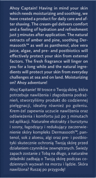 Opis kremu Hagi Ahoj Kapitanie dla mężczyzn: tekst PL/EN na ciemnoniebieskim tle, nawilżający po goleniu.