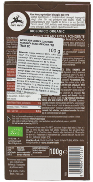 Tył brązowego opakowania czekolady Alce Nero, gorzka 80% kakao, bez lecytyny, z certyfikatem Fairtrade.