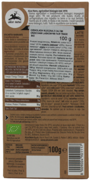 Tył brązowego opakowania czekolady mlecznej Alce Nero 36% kakao z orzechami laskowymi Fair Trade 100g.