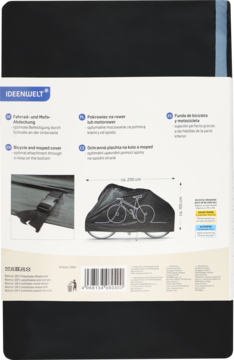 Tył opakowania: czarny pokrowiec IDEENWELT na rower lub motorower, z grafiką wymiarów i detalami.