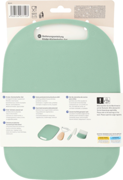 Miętowa deska do krojenia dla dzieci z uchwytem w opakowaniu, poniżej ilustracja całego zestawu.