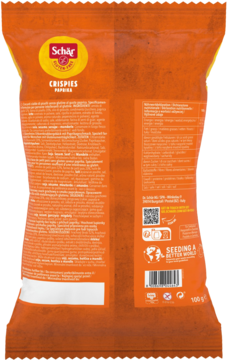 Pomarańczowy tył opakowania bezglutenowej przekąski Schär Crispies Paprika z widocznymi informacjami.