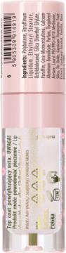 Lovely Pout! lip plumping top coat, widok z boku, etykieta ze składnikami i ostrzeżeniem o pieczeniu ust.