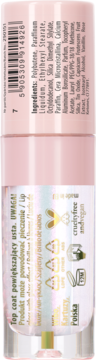Tył różowego błyszczyka powiększającego usta Lovely Pout!, widoczne składniki, barcode i ikony cruelty-free.