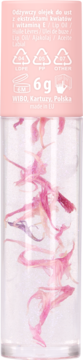 Lovely Floral Fantasy olejek do ust w przezroczystej tubce z różowymi płatkami kwiatów i etykietą 6g Wibo.