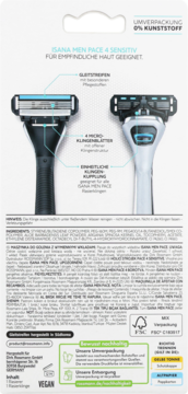 Tył opakowania ISANA MEN PACE 4 SENSITIVE ostrza, 0% plastiku, dla skóry wrażliwej. Widoczne 2 uchwyty.