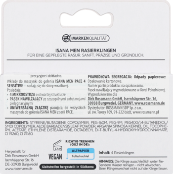 Tył opakowania wkładów do maszynki Isana Men Pace 4 Sensitive, z opisem ostrzy i składnikami.