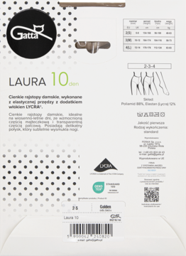 Tył opakowania rajstop Gatta Laura 10 den Golden, rozmiar 2S, z tabelą, składem (Lycra) i kodem.