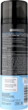 Tył czarno-niebieskiej butelki żelu do golenia Isana Men Hydro 200ml z polskimi opisami składu.