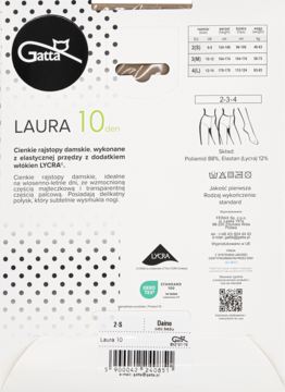 Tył opakowania cienkich rajstop Gatta Laura 10 den daino, widoczna tabela rozmiarów i skład.