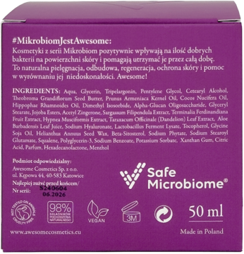 Tył fioletowego słoiczka kremu Awesome Cosmetics Mikrobiom 50 ml z etykietą, listą składników i logo Safe Microbiome.