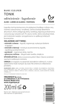 ORGANIQUE Basic Cleaner ,tonik do twarzy, łagodzący, do cery wrażliwej,tył