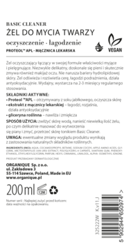 Tył białej butelki żelu Organique Basic Cleaner 200ml, widoczne szczegóły składu, użycia, logo VEGAN.