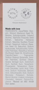 Tył opakowania Rituals Namaste serum. Biała etykieta ze składem INCI, 97% naturalne, Vegan Friendly.