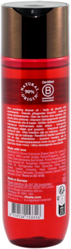 Odżywczy olejek pod prysznic Ritual of Ayurveda, tył czerwonej butelki, 90% naturalnego składu.