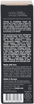 Rituals Homme odżywczy olejek do brody, tył czarnego opakowania, 99% składników naturalnych.