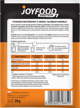 Tył pomarańczowo-czarnego opakowania Joyfood Protein Pudding Słony Karmel, z tabelą wartości odżywczych i składem, masa 30g.