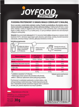 JOYFOOD Protein ,pudding proteinowy, o smaku białej czekolady z maliną,tył