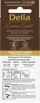 Przód opakowania Delia Eyebrow Expert henna do brwi, kolory 3.0, 4.0, 5.0 i instrukcje użytkowania.