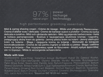 Rituals krem do golenia, tył opakowania. Ciemne tło, biały tekst, widoczna lista składników, 97% naturalny.