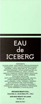 Tył jasnozielonego opakowania wody toaletowej Eau de Iceberg z czarnym pasem, białym napisem i składnikami.