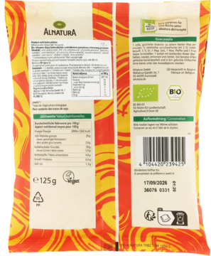 Tył opakowania Alnatura, chrupiącej przekąski kukurydzianej o smaku łagodnej salsy, dane odżywcze, bio.