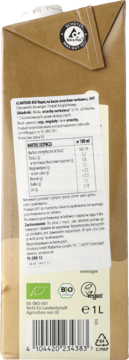 Tylna strona brązowego kartonu Alnatura Bio napoju z orzechów nerkowca 1L. Widać białą etykietę, skład i wegańskie logo.