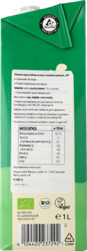 Tył zielonego opakowania napoju z orzechów laskowych Alnatura 1L, bez cukru, z tabelą wartości odżywczych.