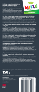 Tył ciemnoszarego opakowania MILZU Original Rye & Oat Cereal Balls z Cynamonem, z białym tekstem i kodem kreskowym.