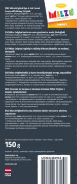 Tył opakowania 150g kółeczek zbożowych Milzu! Original z miodem, ciemnoszare, z kodem kreskowym.