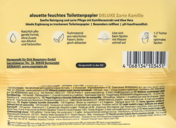 Tył jasnożółtego opakowania alouette nawilżanego papieru toaletowego z rumiankiem i aloesem, widok z góry.