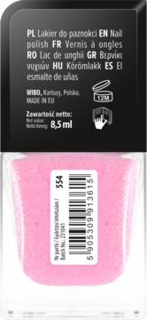 Tył opakowania różowego lakieru Wibo Extreme Nails z brokatem, widoczne etykiety z opisem i kodem 554.