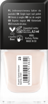 Tylna etykieta lakieru Wibo 1 Coat Manicure, jasno różowy, jednowarstwowy, z kodem kreskowym i ikonami.