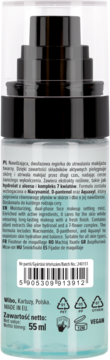 Tył transparentnej butelki Wibo Fixing Aqua Grip, nawilżającej mgiełki 55ml. Widoczna czarna pompka, opis i kod kreskowy.