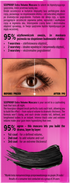 Wibo Sexproof Extra Volume Mascara: różowe opakowanie, oko przed/po użyciu i próbka czarnej maskary.
