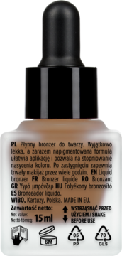 Tył butelki płynnego bronzera WIBO Hot Drops 15ml, z etykietą zawierającą opis i instrukcje w wielu językach.