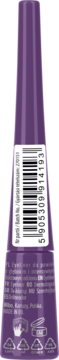 Fioletowy eyeliner Wibo Wild Plum. Pionowy widok tyłu fioletowej buteleczki z białym kodem kreskowym.