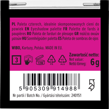 Tył czarnej paletki cieni Wibo Quattro, różowa etykieta, waga netto 6g, kod kreskowy, partia 240151.