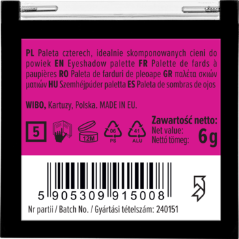 Tył czarnego kompaktu palety cieni Wibo Quattro. Różowa etykieta z wagą 6g, PAO 12M i kodem kreskowym produktu.